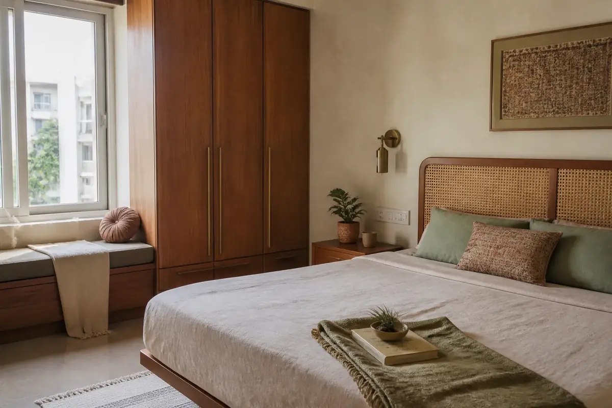 Serene Indian apartment bedroom with teak and cane details