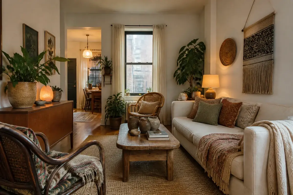 Realistic boho eclectic apartment interior