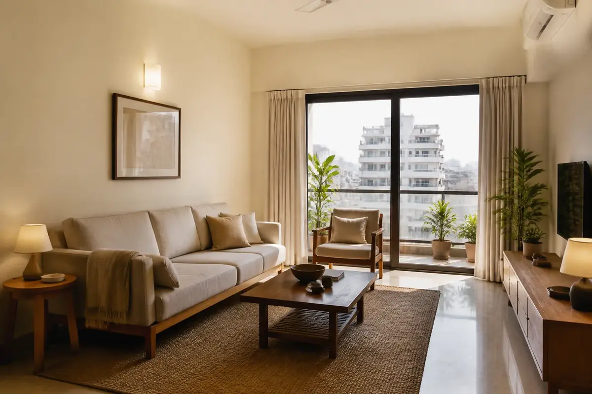 Realistic modern minimal Indian apartment interior