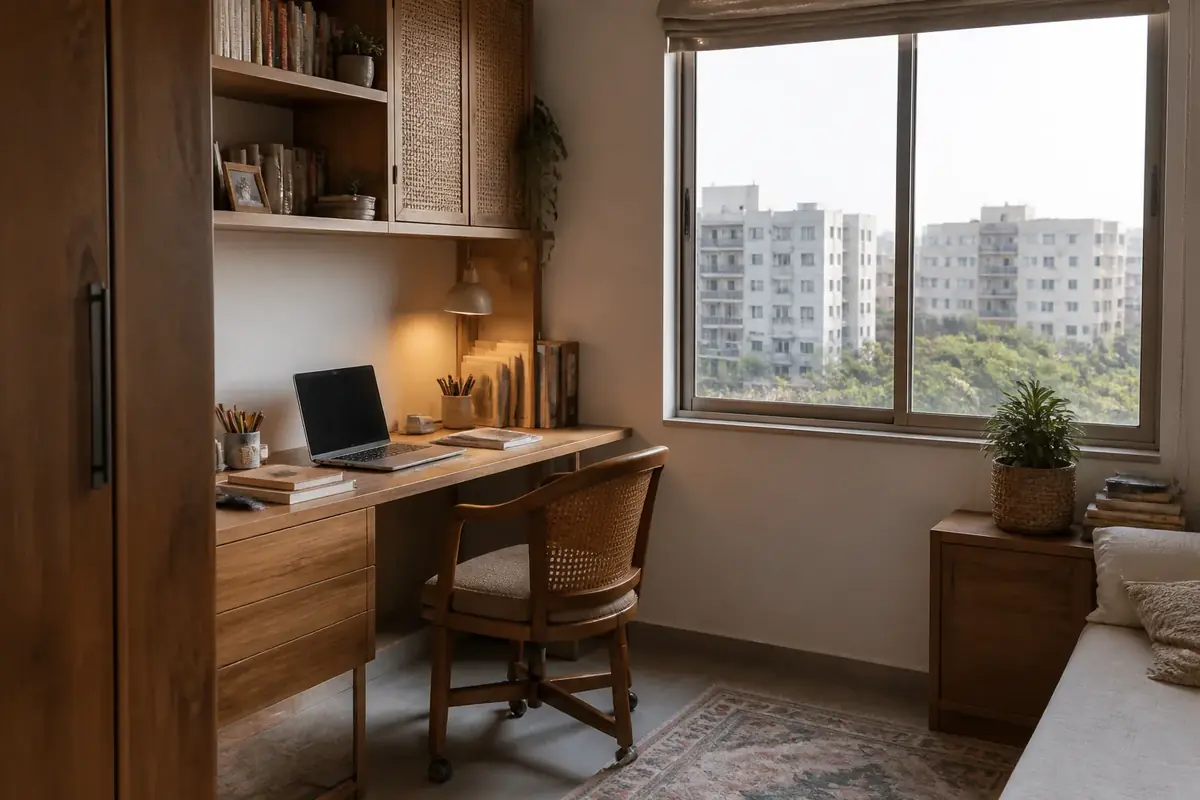 Natural wood study nook with an urban view
